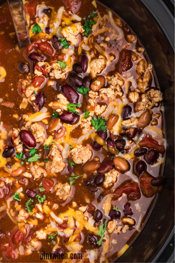 Crockpot Turkey Chili inside of the slow cooker. 
