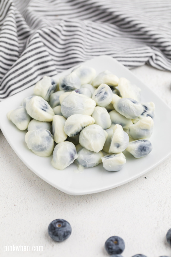 Frozen Blueberry Yogurt Bites on a white plate.
