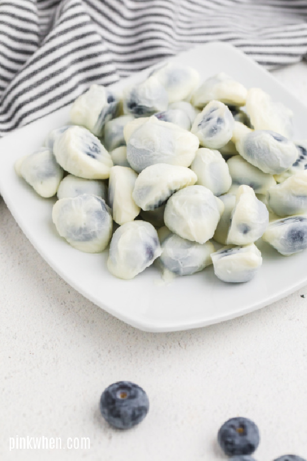 Yogurt Bites on a white plate and ready to eat. 