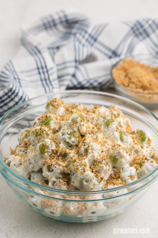 Recipe for grape salad mixed and topped and ready to serve.