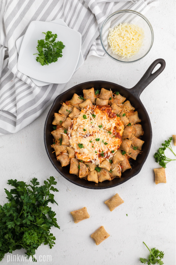 Skillet Pizza Rolls and Pizza Dip for serving.