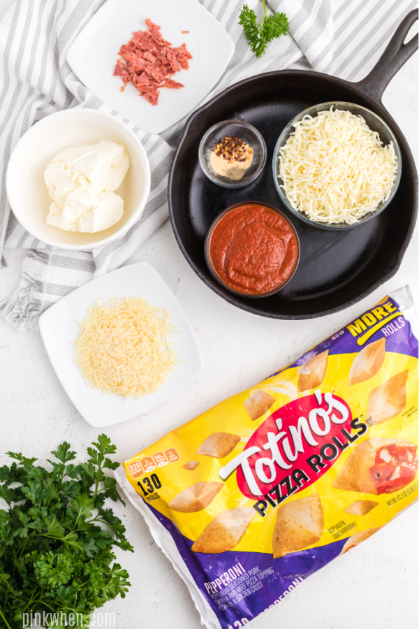 Ingredients needed to make skillet pizza rolls and pizza dip.
