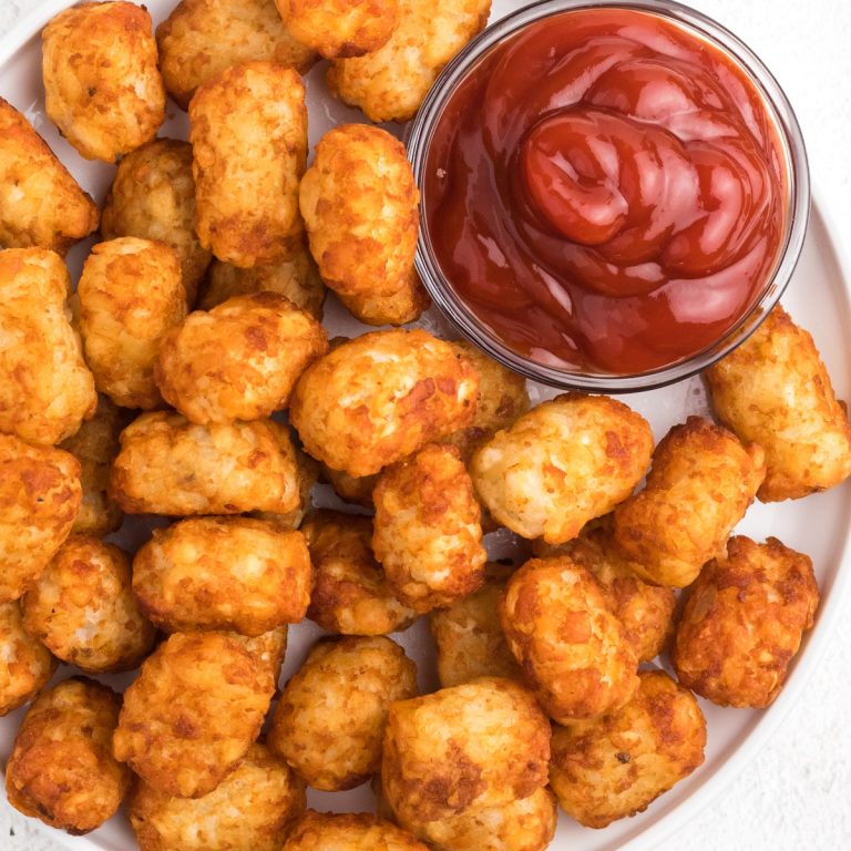 Tater Tots from an Air Fryer on a white plate with a bowl of ketchup.
