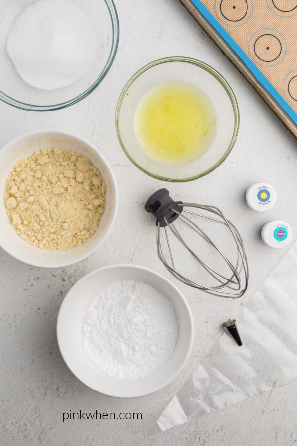 Ingredients needed to make the blue Baby Yoda Macaron shells. 