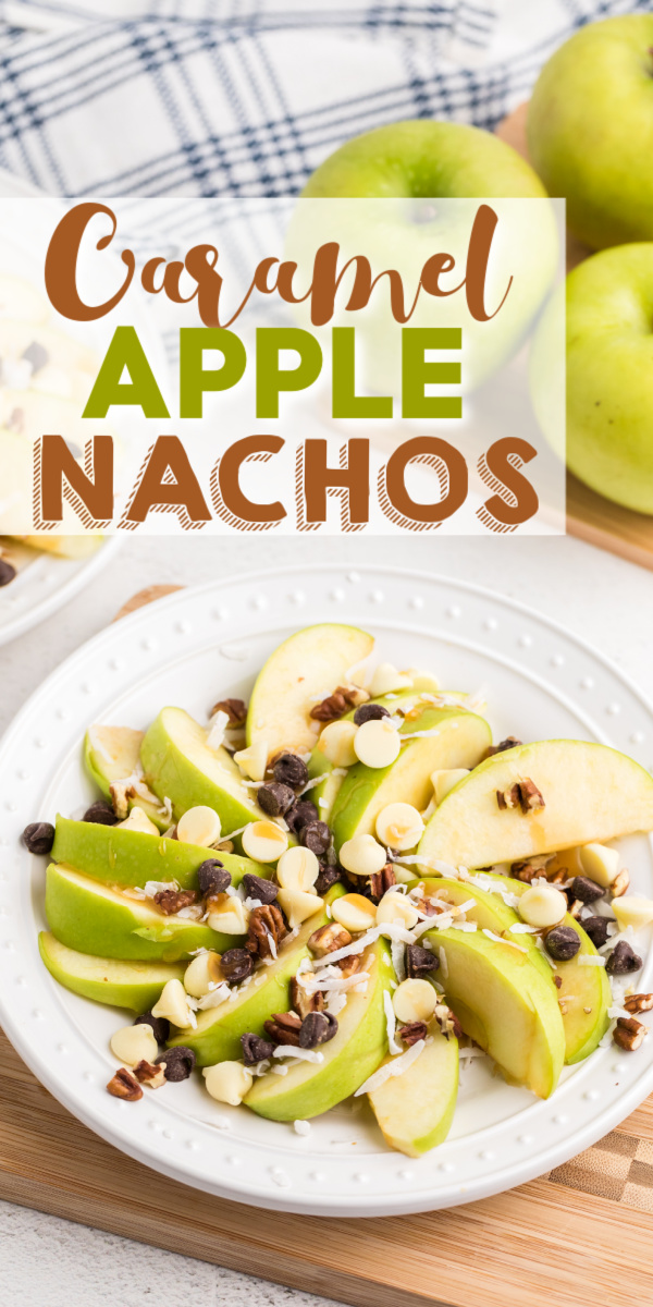 These delicious caramel apple nachos are made with sliced granny smith apples, coconut, chocolate chips, and drizzled with caramel sauce.
