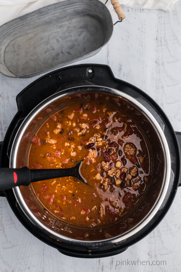 Turkey chili inside of a pressure cooker. 