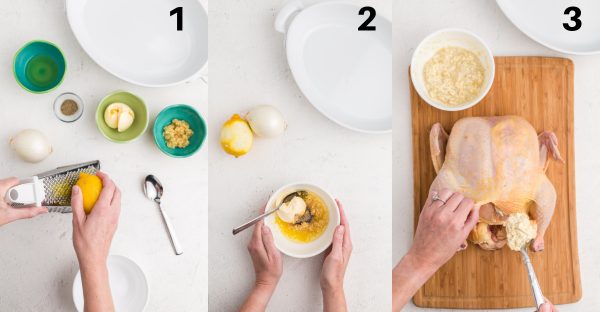 Picture collage of step by step instructions for preparing chicken.