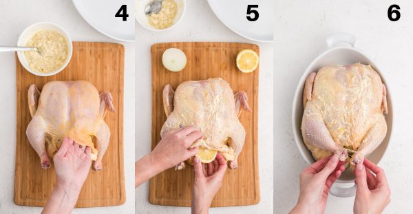 Steps of process to make the slow roasted chicken.