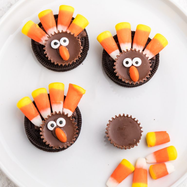 No bake Turkey cookies on a plate.