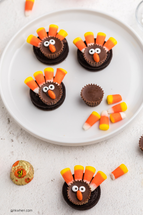 Easy no bake OREO Turkey Cookies on a white plate.