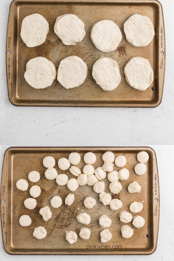 collage of photos showing biscuits on a cookie sheet and biscuit holes on a cookie sheet.