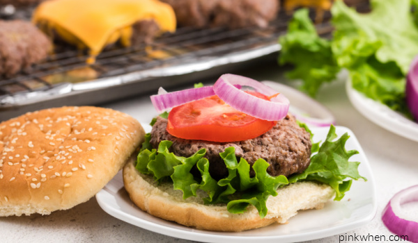 Hamburger patty on a bun with lettuce, tomato, and onion. 