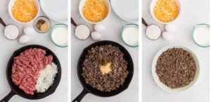 Collage of photos showing meat in skillet and in a pie plate.