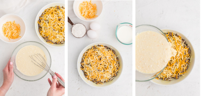 Collage of photos showing bisquick mixture getting whisked together, cheese on top of the beef mixture in the pie plate, and bisquick mixture being poured over the dish. 