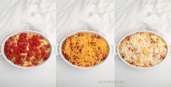 Collage photos of diced tomatoes being added to the chicken mixture and cheese being added to the taco casserole with chicken.