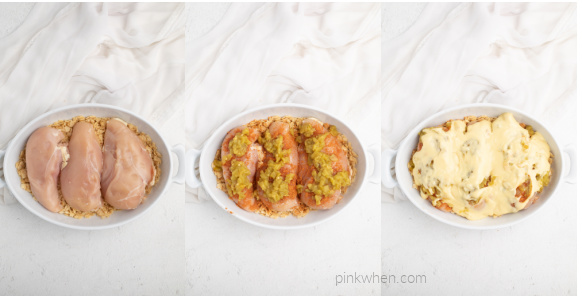 Collage of photos showing the steps of placing the chicken breasts onto the crushed tortilla chips, covering them with green chilies, and then topping the chicken mixture with cream of chicken soup.
