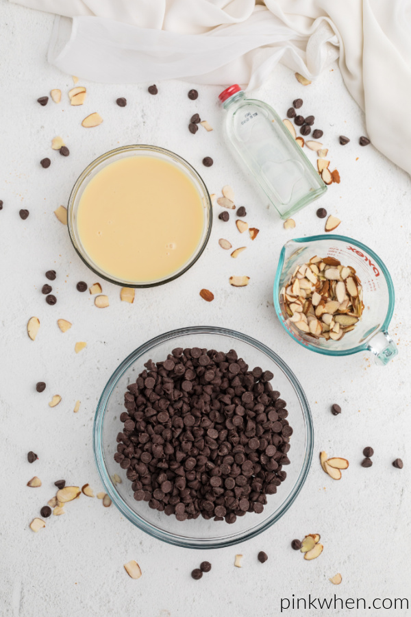 Ingredients needed to make chocolate almond fudge.