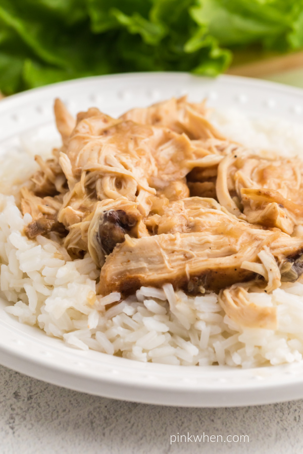 Chicken and gravy served over white rice on a white plate. 