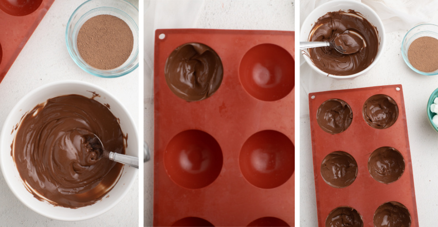 Steps for making hot cocoa bombs. Melted chocolate in a white bowl. Chocolate placed into one piece of the mold, and finally the mold fully of chocolate.