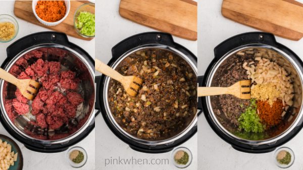Steps in making cheeseburger soup in the pressure cooker. 
