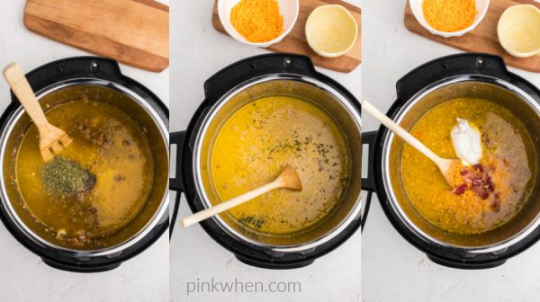 Photo steps for making cheeseburger soup in the instant pot.