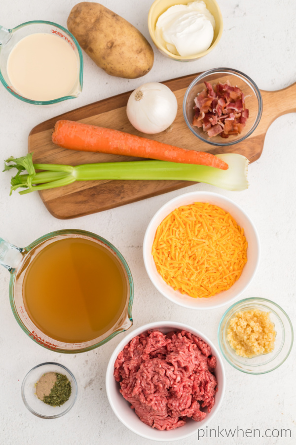 Ingredients needed to make cheeseburger soup. 