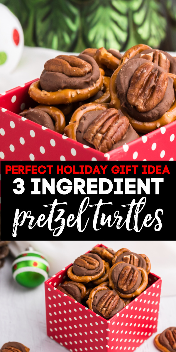 Pretzel Turtles are a quick and easy gift that's perfect for the holidays. Made with mini pretzels, Rolo candy, and pecan halves. Your friends and family will love snacking on them.
