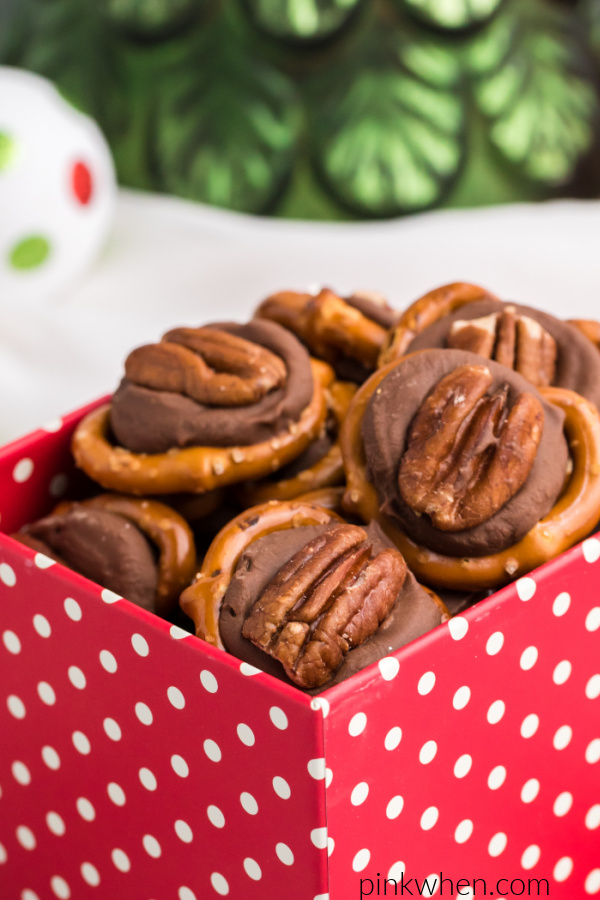 Rolo pretzel turtles in a red box with white dots. 