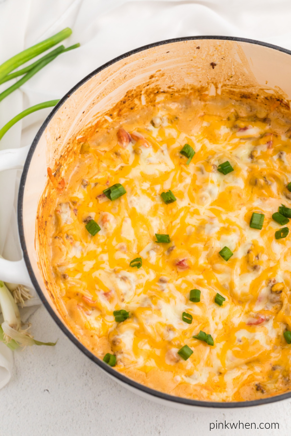 Taco Spaghetti in a dutch oven fully cooked and covered with cheese and green onion tops. 