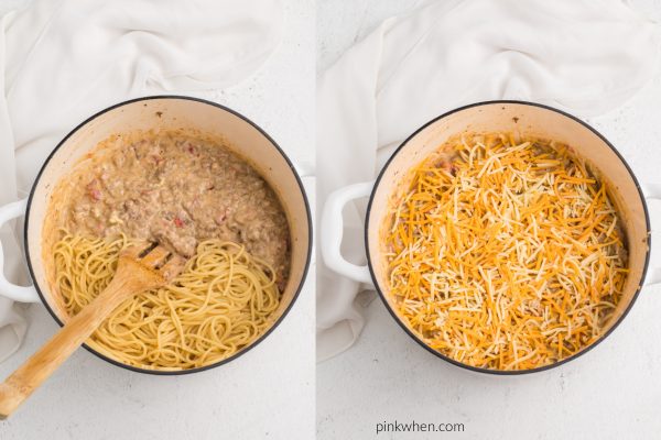 Spaghetti noodles being added to the taco meat and cheese mixture, and then covered with shredded cheese before baking. 