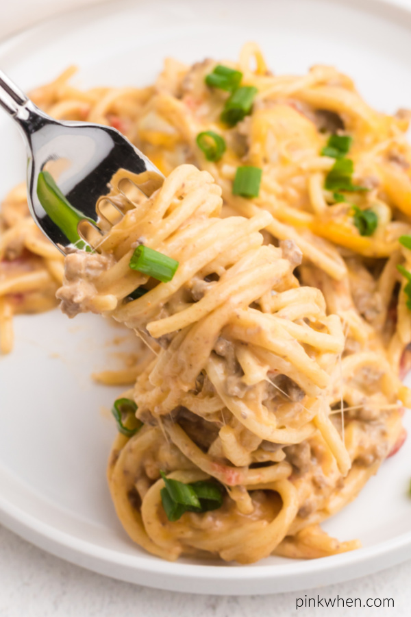 Taco Spaghetti on a plate and twisted up on a fork ready to eat. 