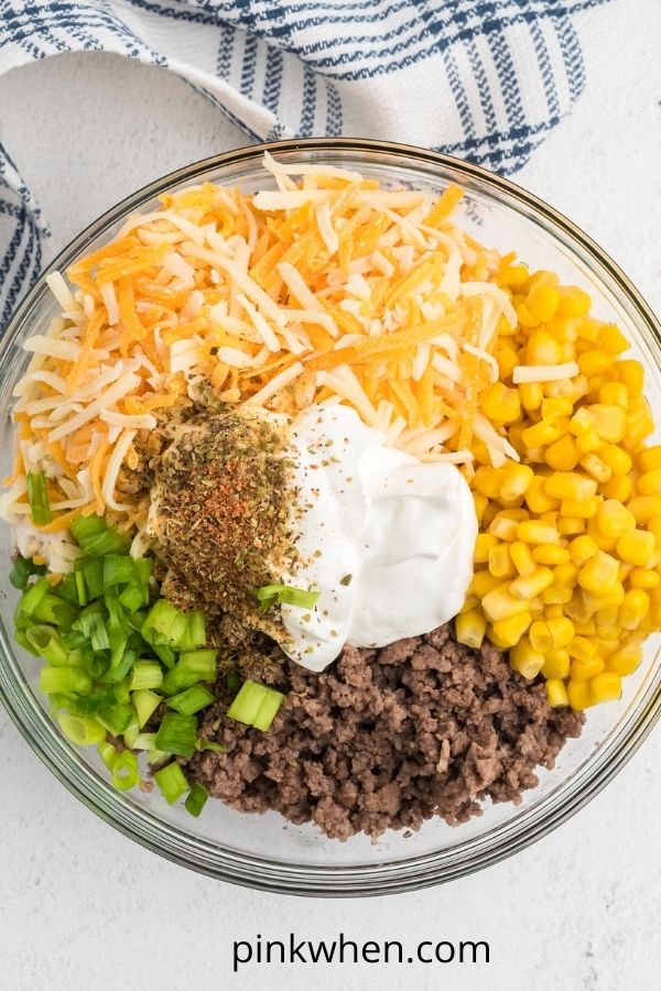 Ingredients needed to make hot dish casserole in a mixing bowl. 