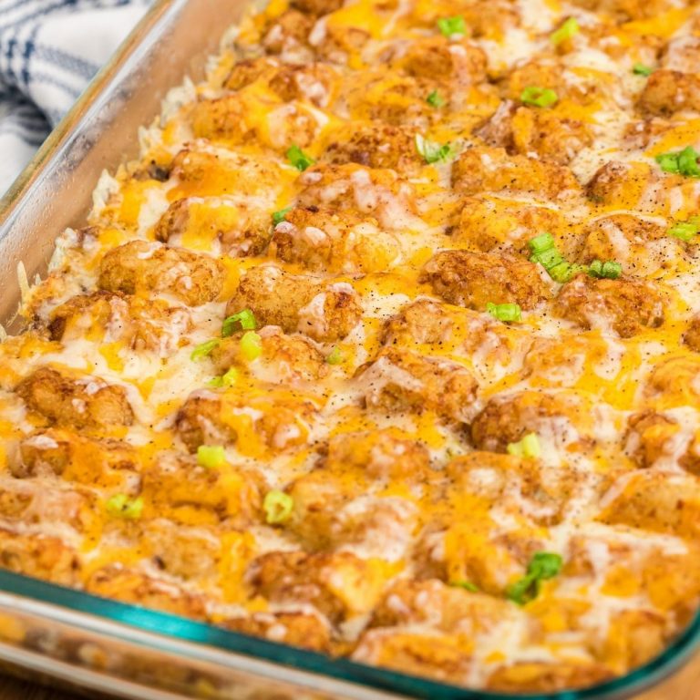 Cooked Tater Tot casserole in a baking dish.