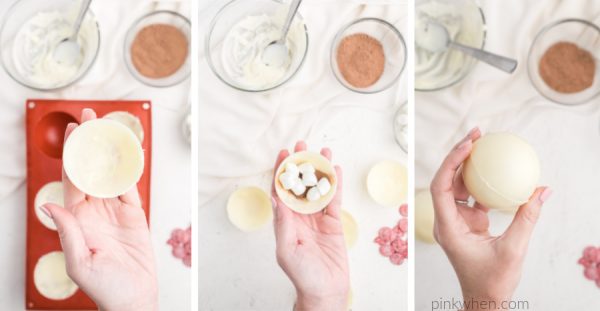 Collage photo showing the chocolate shell, shell with hot cocoa mix and marshmallows, and the shells covered with chocolate.