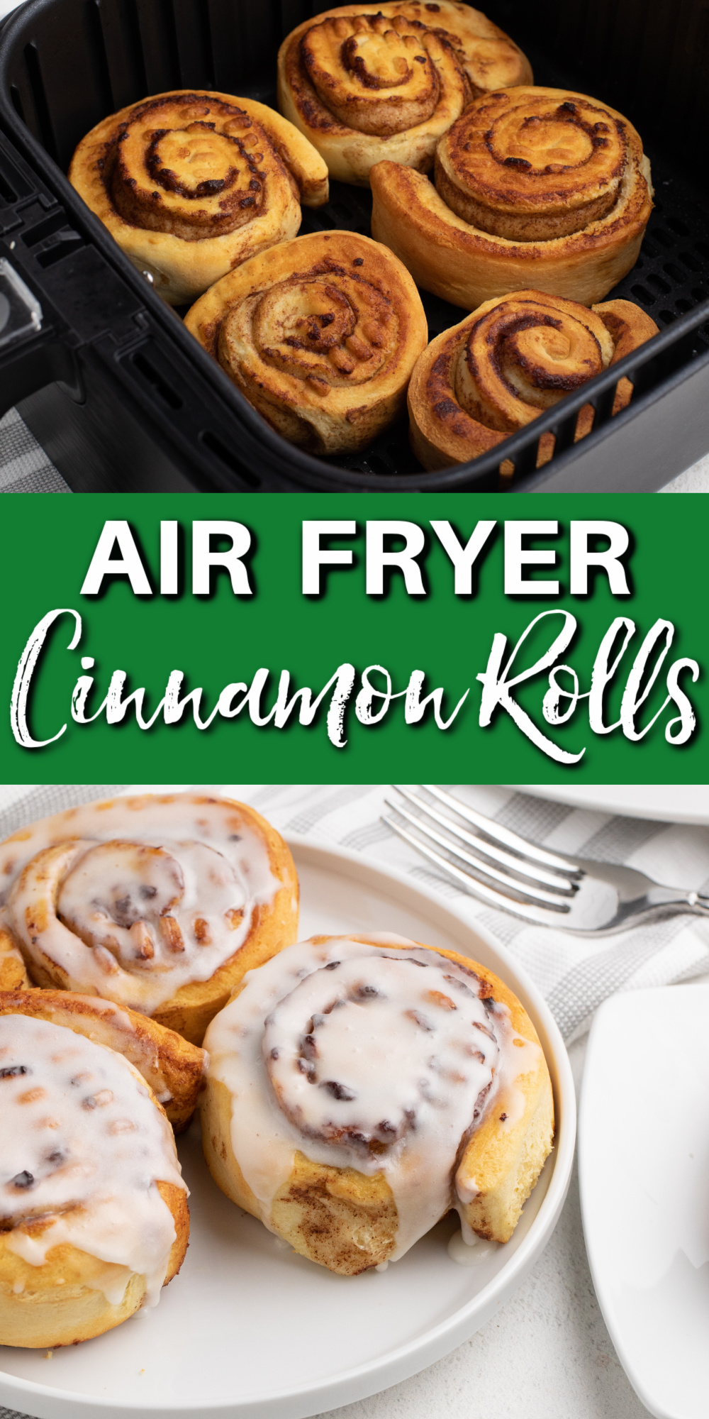 These Easy Air Fryer Cinnamon Rolls are made with Pillsbury Cinnamon Rolls and are a quick and easy breakfast made in the Air Fryer. You'll have breakfast on the table in less than 10 minutes with this easy Air Fryer recipe.