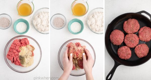 Steps for making Salisbury steak. Combine ingredients, form beef patties by hand, place beef patties in a skillet. 