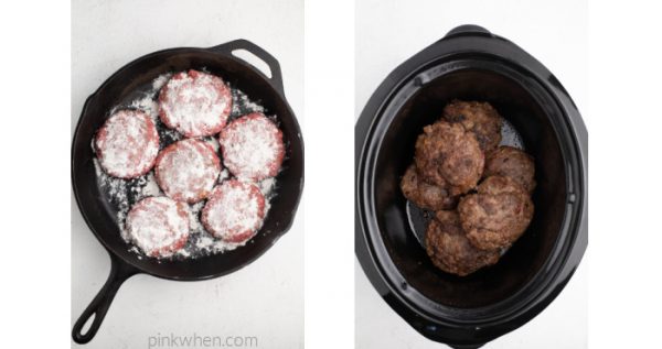 Beef patties in a skillet dredged with flour, and browned beef patties in the liner of the crock pot.