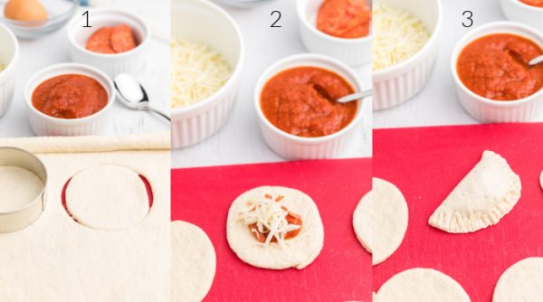 a collage of photos showing the steps of cutting the pizza dough, topping the dough with pizza sauce and added ingredients, and folded on the cutting board. 