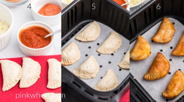collage of photos showing homemade pizza rolls on a cutting board, in the air fryer basket before being cooked, and after being cooked in the air fryer basket.