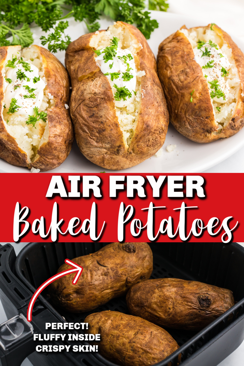 Air Fryer Baked Potatoes are done perfectly in the Air Fryer in just 40-45 minutes. All you'll need to finish these off is your favorite toppings! Check out how easy it is to make the best baked potatoes with perfectly crispy skin on the outside and delicious, soft, fluffy insides. It's an easy classic side dish that can also make a delicious main course.