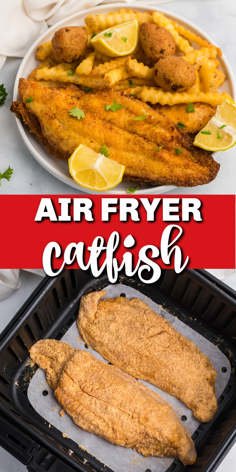 Air Fryer Catfish is made with just a few ingredients and is crazy delicious! It's quick, easy, delicious, and crispy! You'll love that it's super fast and not deep fried. It's an easy Air Fryer dinner recipe.