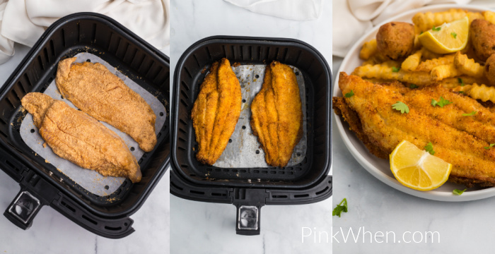 Collage of photos showing breaded catfish before cooking, breaded catfish after cooking, and catfish with fries and hushpuppies on a white plate. 