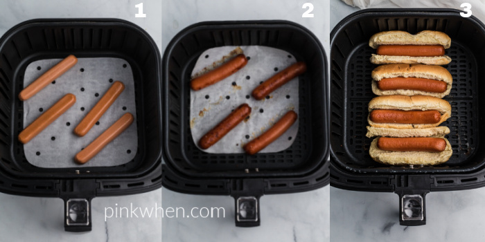 Collage of photos of hot dogs being made in the Air Fryer in steps: uncooked hotdogs in the basket, cooked hotdogs in the basket, and hotdogs in the basket in buns. 