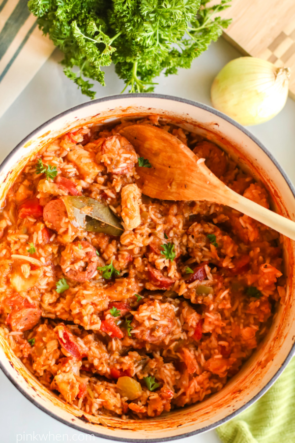 Chicken jambalaya in a large dutch oven and ready to serve.