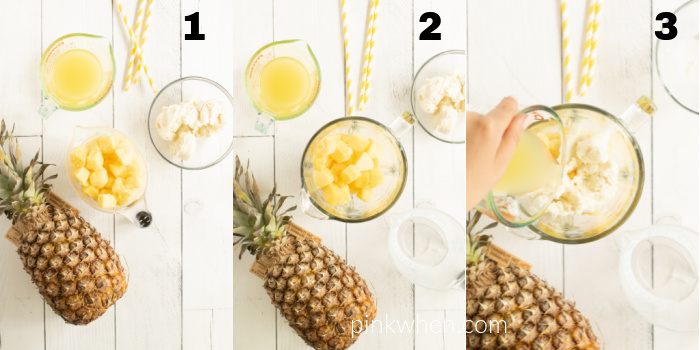 Steps of the process to make Pineapple Dole Whip. 