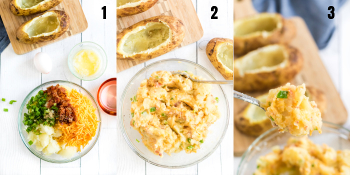 Steps in collage photos of how to make twice baked potatoes. Add all ingredients into a large bowl. Mix ingredients well. Stuff the potato shells with the stuffed potato mixture. 