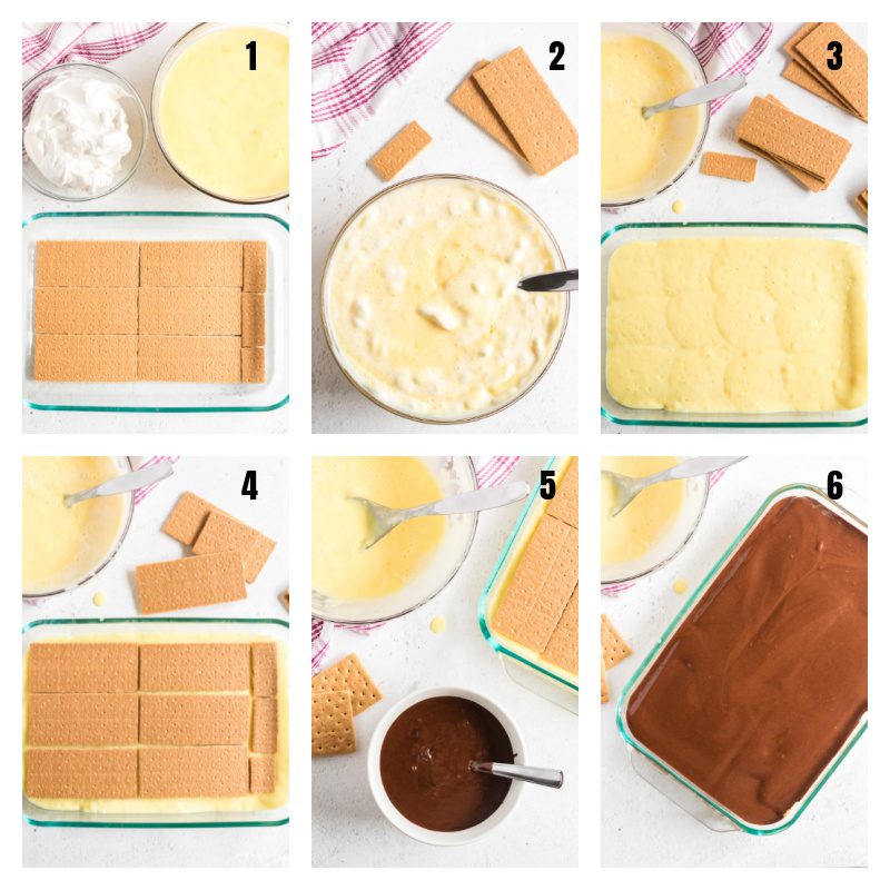 Collage of steps on how to make a no bake chocolate eclair cake. 