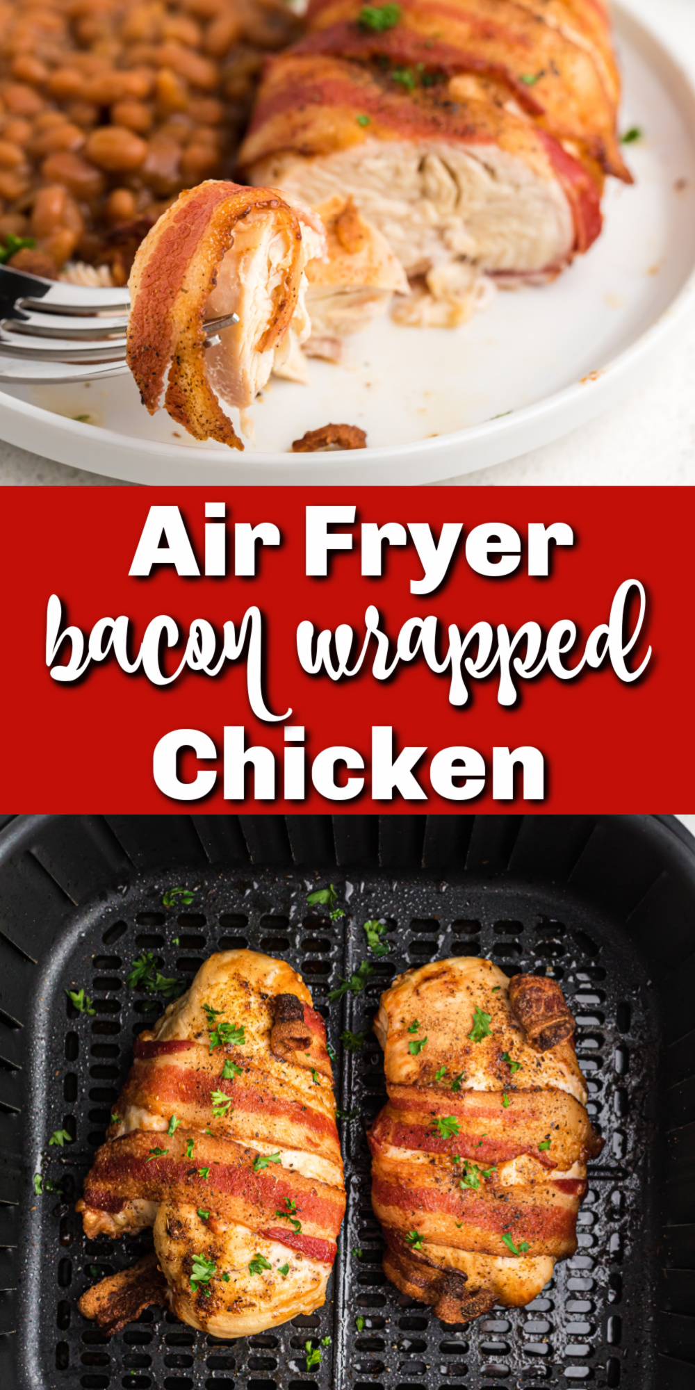 Air Fryer Bacon Wrapped Chicken is a juicy, tender chicken dish made with only 5 ingredients. You'll love how quick and easy this dish is to make, and your friends and family will love the flavors! It's an easy air fryer recipe that everyone loves.