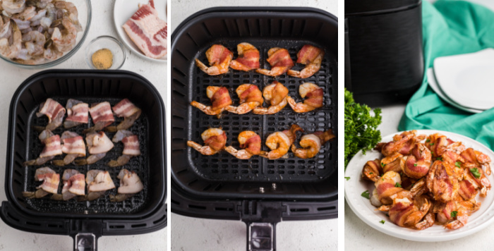 Process shots of make air fryer bacon wrapped shrimp.