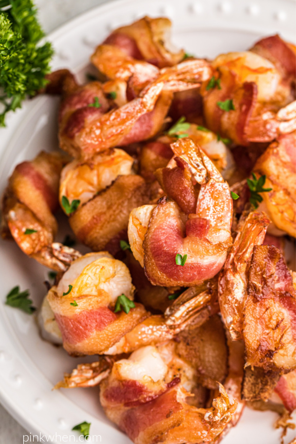 Close up of bacon wrapped shrimp made in the air fryer. 